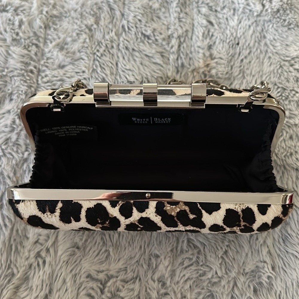 White House Black Market Leopard Haircalf Box Clutch Silver Chain Bag - Picture 10 of 12